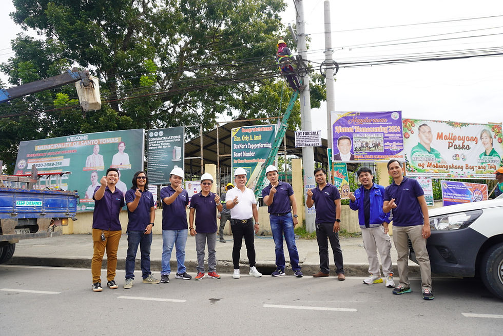 Pilot Site Launching. Davao Light, in partnership with the Municipal LGU of Santo Tomas together with key companies, utilities, and contracted service partners, spearheaded a Pilot Site Launching of Municipal Ordinance No. 2024-006 also known as the Anti-Spaghetti Wire Ordinance last December 2024. The activity was headed by (3rd from L-R) Davao Light SAVP and Panabo Branch Head Arnel Bersabe, Municipal Councilor Eduardo Llorente, Municipal Mayor Roland Dejesica, and Davao Light President and COO Enriczar Tia.