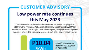 Low power rate for May; Davao Light warns of high consumption during the dry season